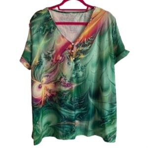 Green Abstract Print V-Neck Women's Top - Size 3X